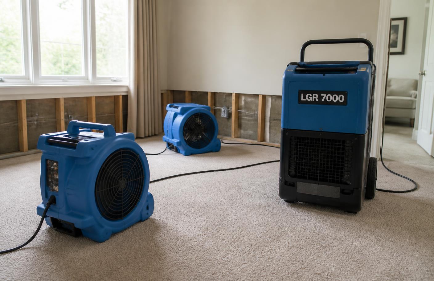 Air movers and a dehumidifier drying a room after water damage